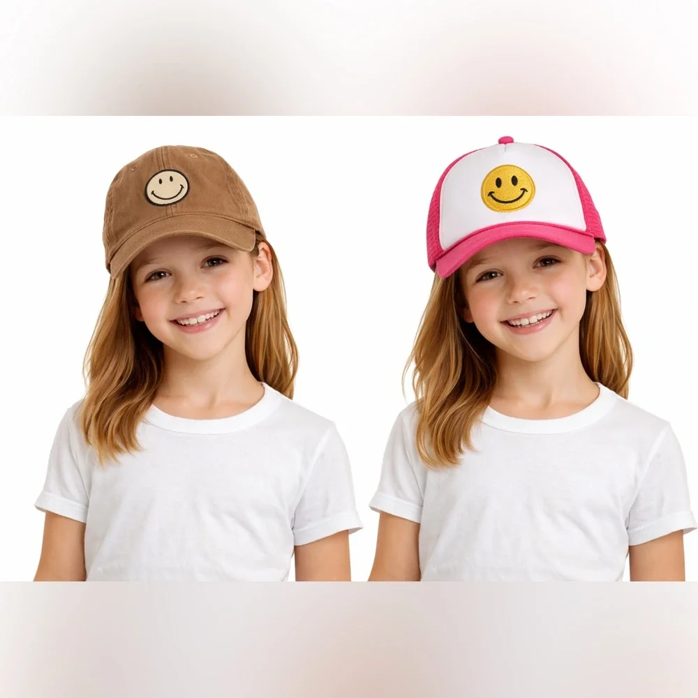 Brown and Pink Caps with Smiley Faces
